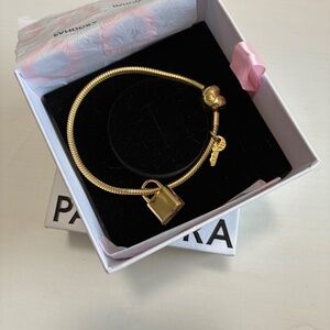 Pandora Heart Clasp Snake Chain Bracelet with Padlock & Key Dangle Charm